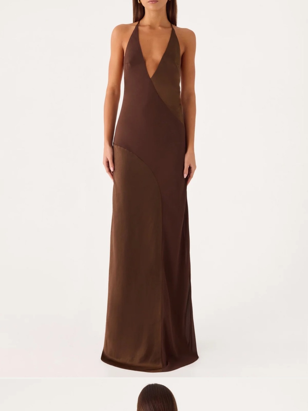 Peppermayo Brown Satin Halter V-Neck Maxi Dress
